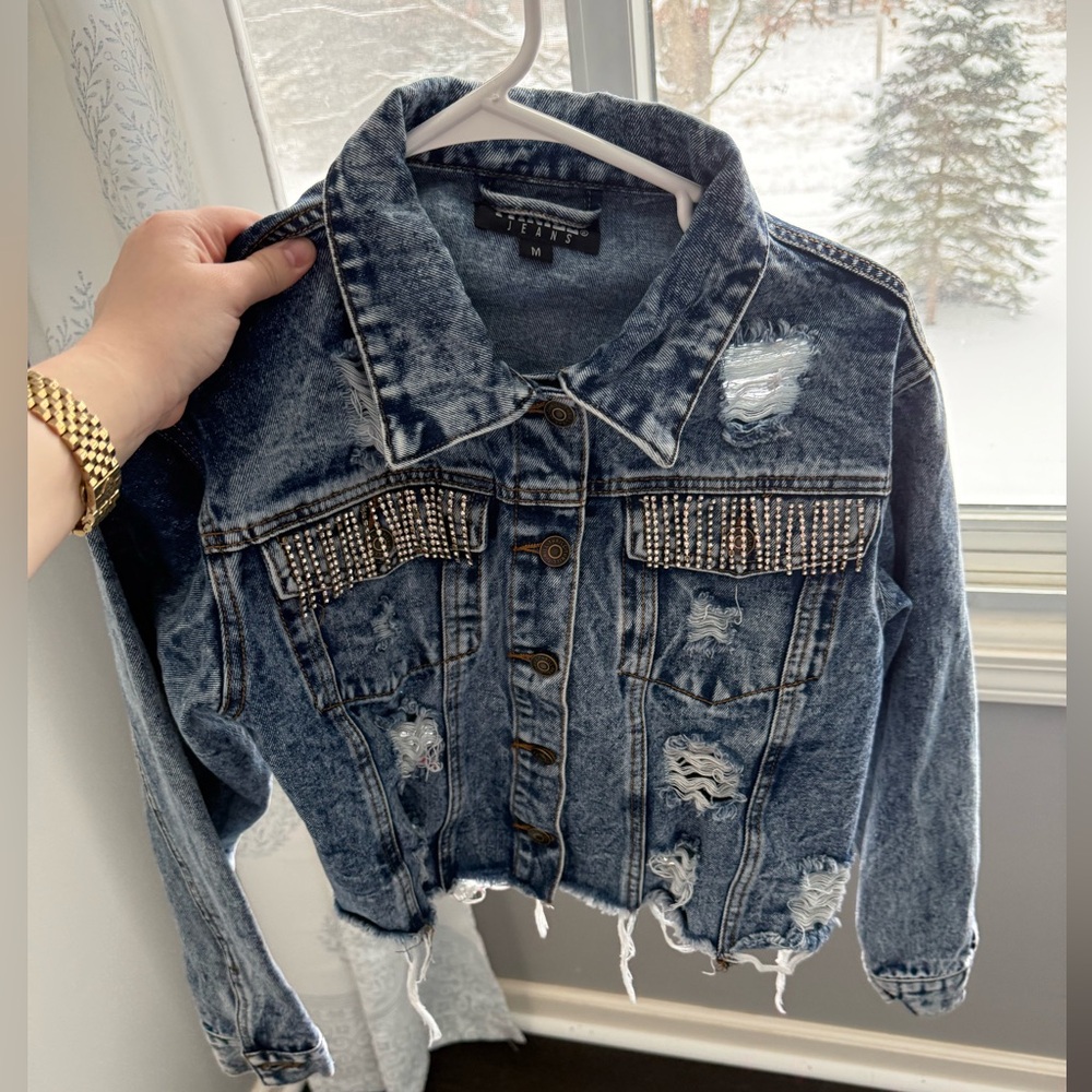 Thrill Jeans Distressed Denim Jacket with Rhinestones Size M